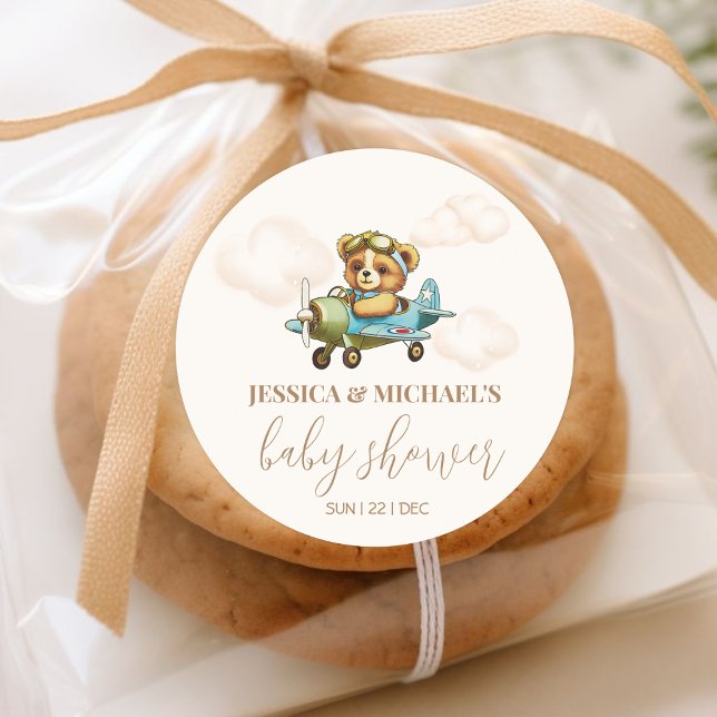 Pegatina Redonda Baby Shower del avión piloto para bebés con oseos (Teddy Bear Baby Pilot Airplane Baby Shower Classic Round Sticker)