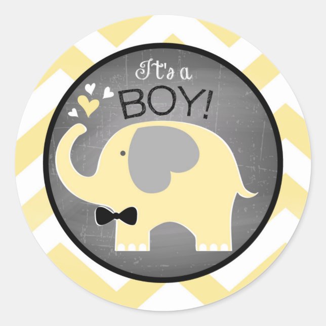 Pegatina Redonda Baby Shower del elefante amarillo Chevron Boy (Anverso)