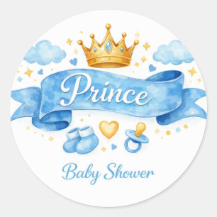 Pegatina Redonda Baby Shower del Príncipe Niño en Acuarela