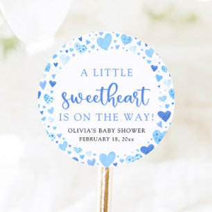 Pegatina Redonda Baby Shower El día de San Valentín Blue Little