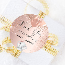 Pegatina Redonda Baby Shower elephant girl rose gold glitter thanks
