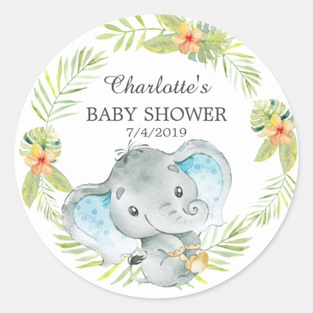 Pegatina Redonda Baby Shower Elephant Jungle Gracias (Anverso)