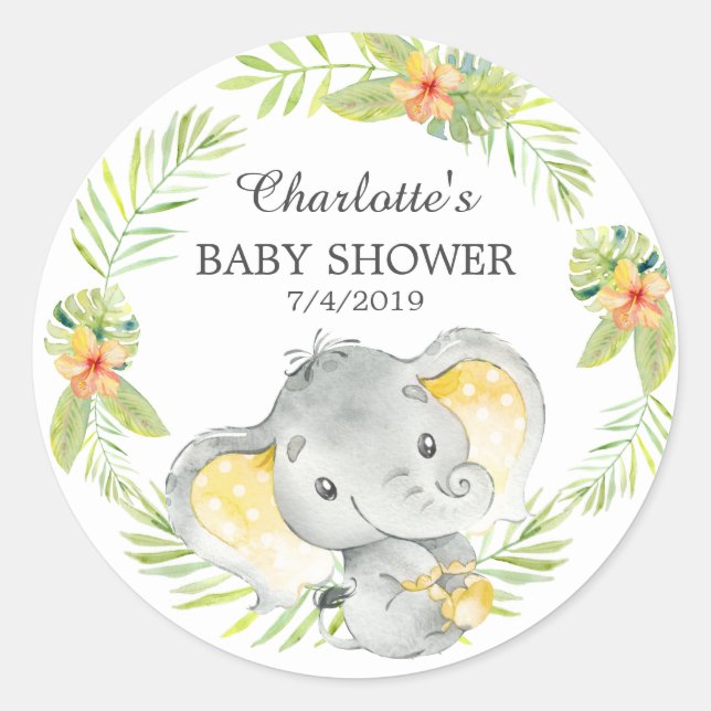 Pegatina Redonda Baby Shower Elephant Jungle Gracias (Anverso)