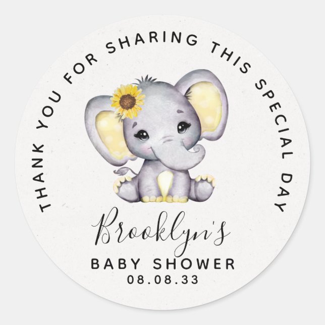 Pegatina Redonda Baby Shower Elephant Sunflower Gracias (Anverso)