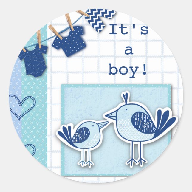 Pegatina Redonda Baby Shower es un niño pájaro azul (Anverso)