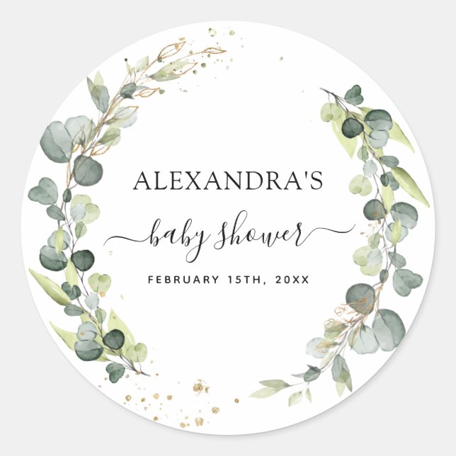Pegatina Redonda Baby Shower Eucalyptus Greenery Boho Rustic (Anverso)