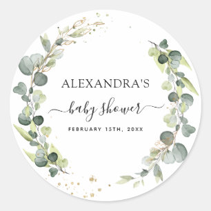 Pegatina Redonda Baby Shower Eucalyptus Greenery Boho Rustic