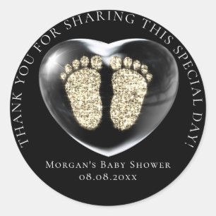 Pegatina Redonda Baby Shower Favor Bubble Heart Gold Feet Vip