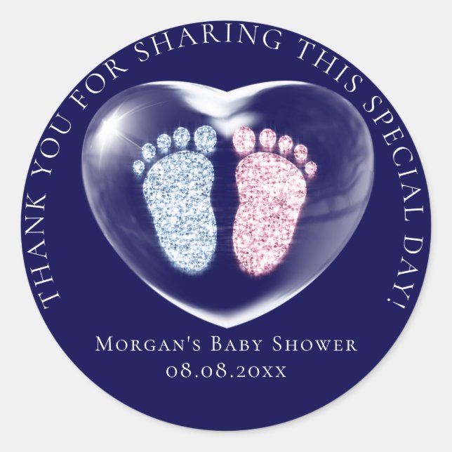 Pegatina Redonda Baby Shower Favor Bubble Hearts Pies Blue Pink (Anverso)