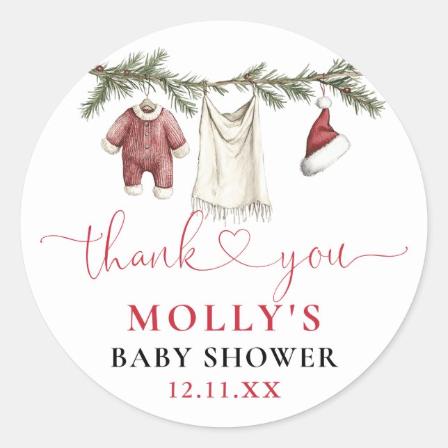 Pegatina Redonda Baby Shower Favor de Santa Baby Clothesline (Anverso)