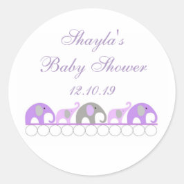 Pegatina Redonda Baby Shower Favor del Elefante Morado y Gris