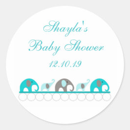 Pegatina Redonda Baby Shower Favor del Elefante Turquesa y Gris