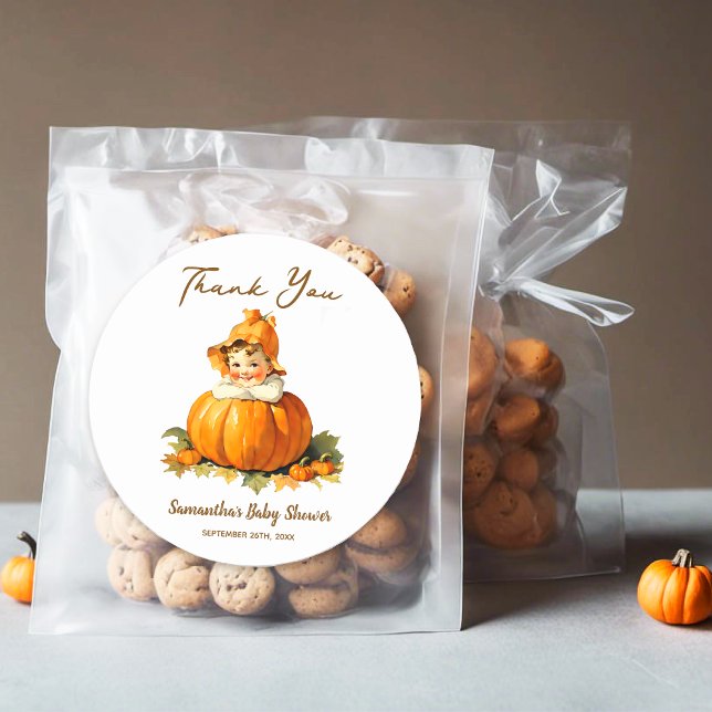 Pegatina Redonda Baby Shower Favor Gracias Pequeña Calabaza Girly (Subido por el creador)