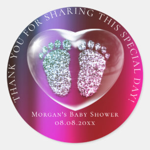 Pegatina Redonda Baby Shower Favor Gracias Purpurina Pies Rosados