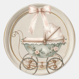 Pegatina Redonda Baby Shower Favor Sticker | Vintage Baby Carriage
