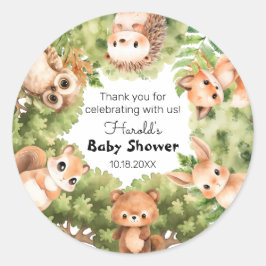 Pegatina Redonda Baby Shower Favores personalizados de Woodland Boy