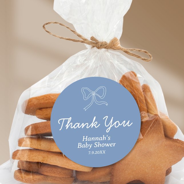 Pegatina Redonda Baby Shower Favorito de cinta de cebo azul persona (Personalized Blue Bow Ribbon Baby Shower Favor Classic Round Sticker
)