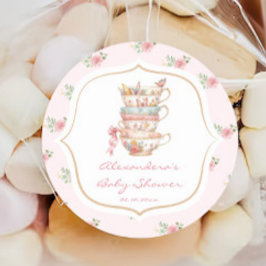 Pegatina Redonda Baby Shower Fiesta de té floral rosa