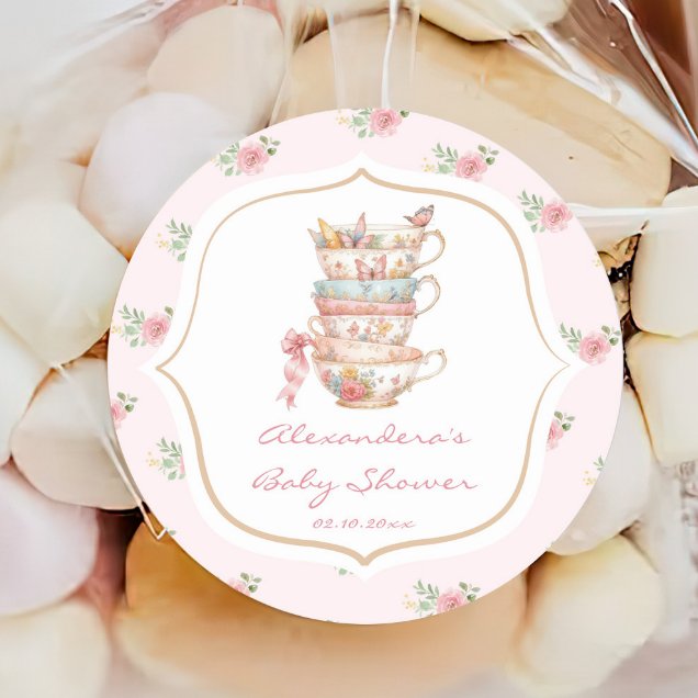 Pegatina Redonda Baby Shower Fiesta de té floral rosa (Subido por el creador)