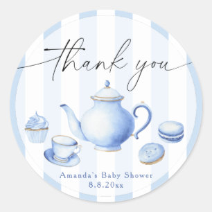 Pegatina Redonda Baby Shower Fiesta del té azul Gracias
