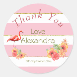 Pegatina Redonda Baby Shower Flamingo Tropical Floral Rosa