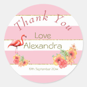 Pegatina Redonda Baby Shower Flamingo Tropical Floral Rosa