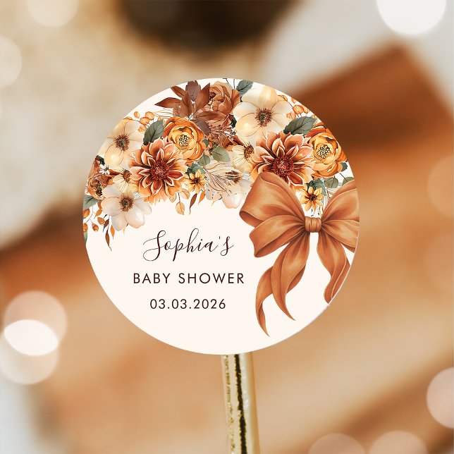 Pegatina Redonda Baby Shower Floral Boho Rústico de Otoño  (Subido por el creador)