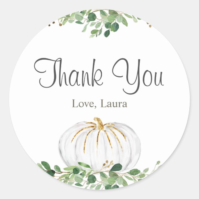 Pegatina Redonda Baby Shower floral de calabaza blanca (Anverso)