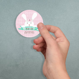 Pegatina Redonda Baby Shower floral de conejo de diamantes rosado