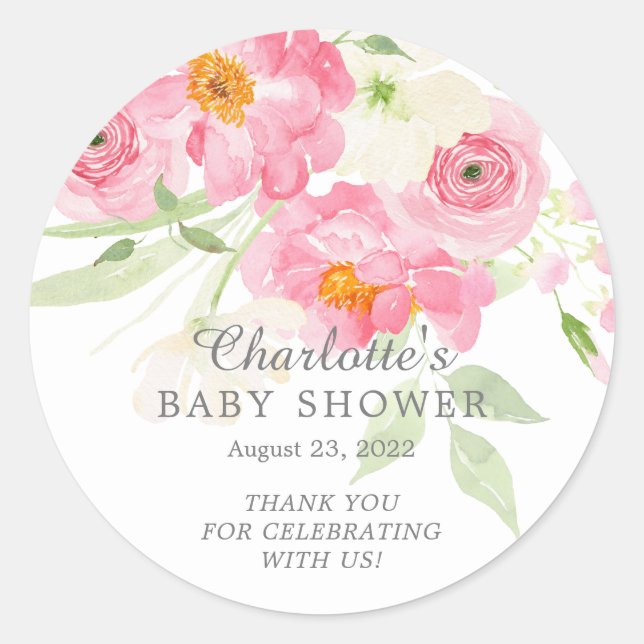 Pegatina Redonda Baby Shower floral de primaverales (Anverso)