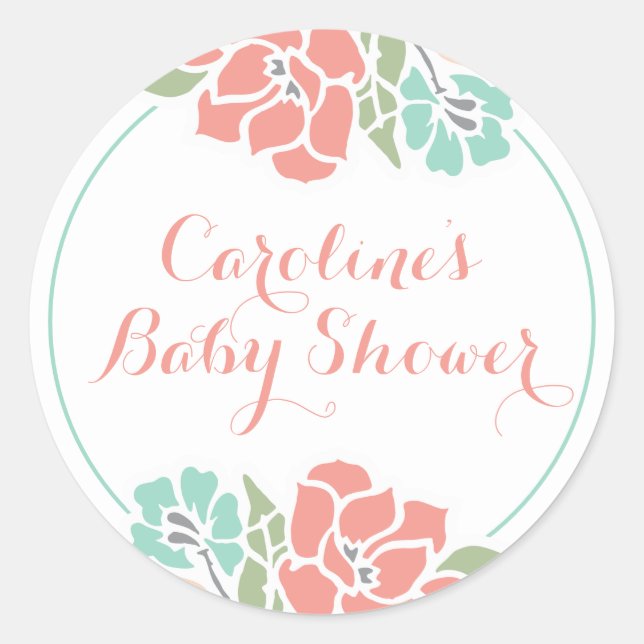 Pegatina Redonda Baby Shower floral en coral y Verde azulado (Anverso)