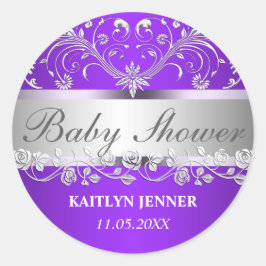 Pegatina Redonda Baby Shower floral florido brillante morado brilla