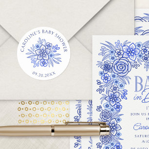 Pegatina Redonda Baby Shower Floral Francés Azul