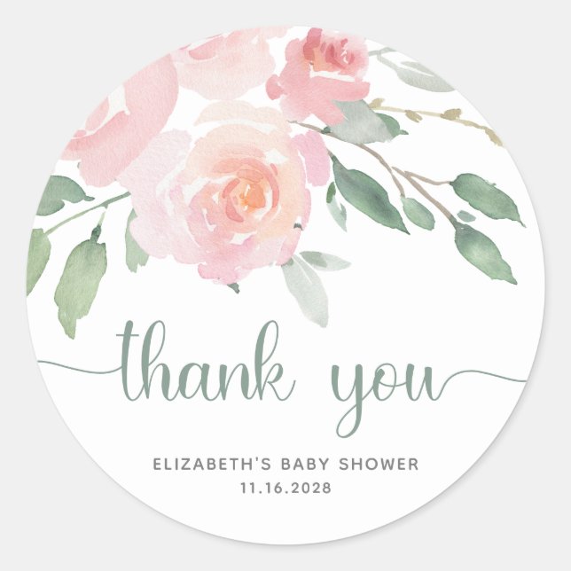 Pegatina Redonda Baby Shower Floral Greenery Rosa Gracias (Anverso)