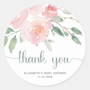 Pegatina Redonda Baby Shower Floral Greenery Rosa Gracias