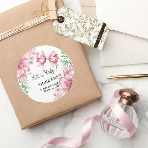 Pegatina Redonda Baby Shower Floral Pink Bow