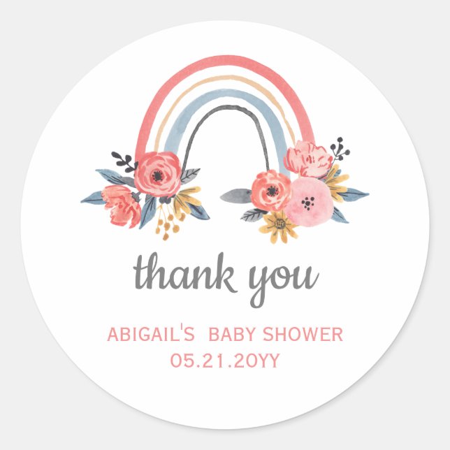 Pegatina Redonda Baby Shower Floral Rainbow Gracias (Anverso)