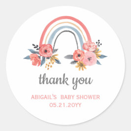 Pegatina Redonda Baby Shower Floral Rainbow Gracias