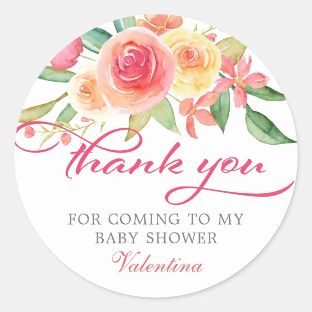Pegatina Redonda Baby Shower Floral Rosa Gracias (Anverso)