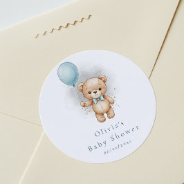 Pegatina Redonda Baby Shower for Boy Blue Balloon Teddy Bear
