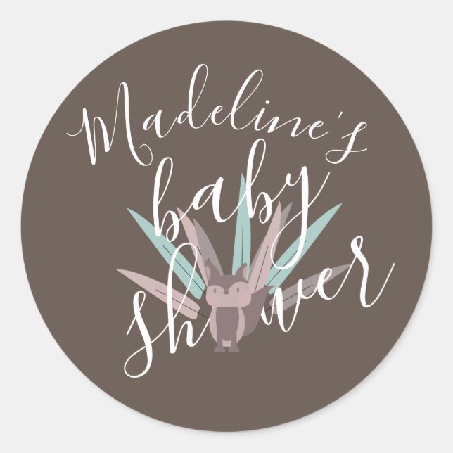 Pegatina Redonda Baby Shower Fox Bohemian Feathers (Anverso)