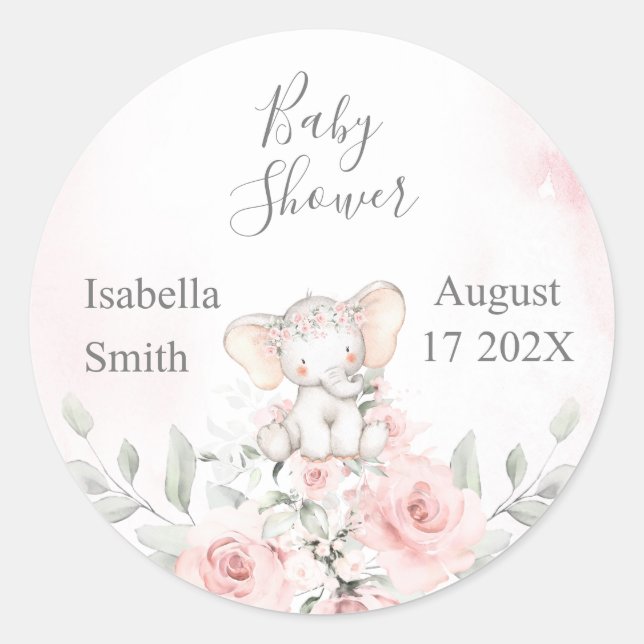 Pegatina Redonda Baby Shower girl, elephant (Anverso)