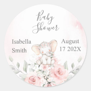 Pegatina Redonda Baby Shower girl, elephant
