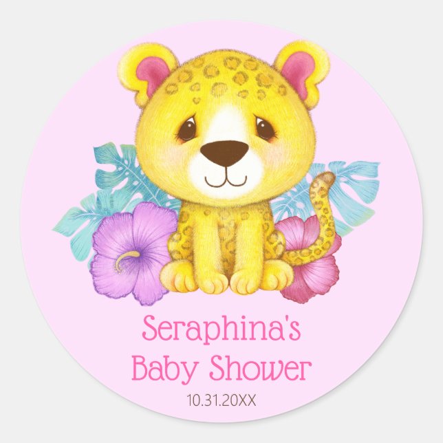 Pegatina Redonda Baby Shower Girly Pink Leopard (Anverso)
