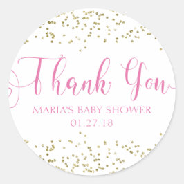 Pegatina Redonda Baby Shower Gold Confetti Pink Favor Gracias Etiqu