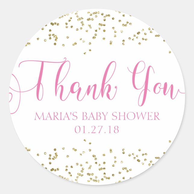 Pegatina Redonda Baby Shower Gold Confetti Pink Favor Gracias Etiqu (Anverso)