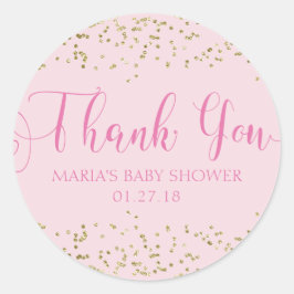 Pegatina Redonda Baby Shower Gold Confetti Pink Favor Gracias Etiqu