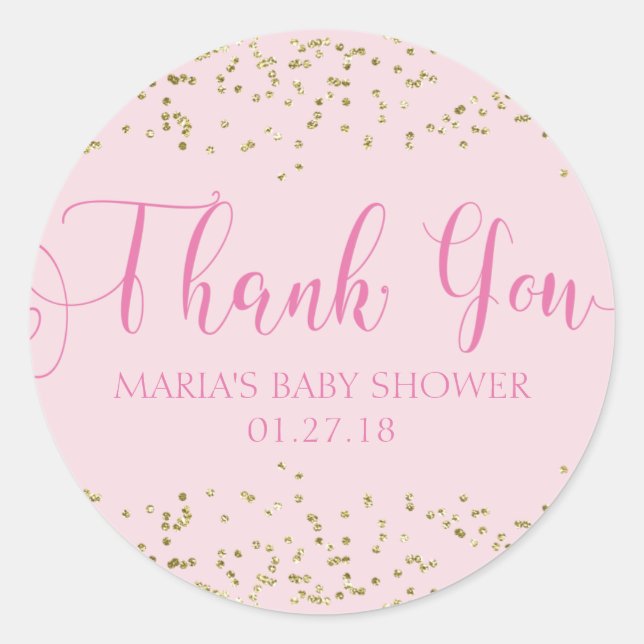 Pegatina Redonda Baby Shower Gold Confetti Pink Favor Gracias Etiqu (Anverso)