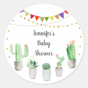Pegatina Redonda Baby Shower Gold Fiesta Cactus