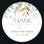 Pegatina Redonda Baby Shower Gold Greenery<br><div class="desc">Oro y verde vegetación ducha bebé gracias a los pegatinas</div>